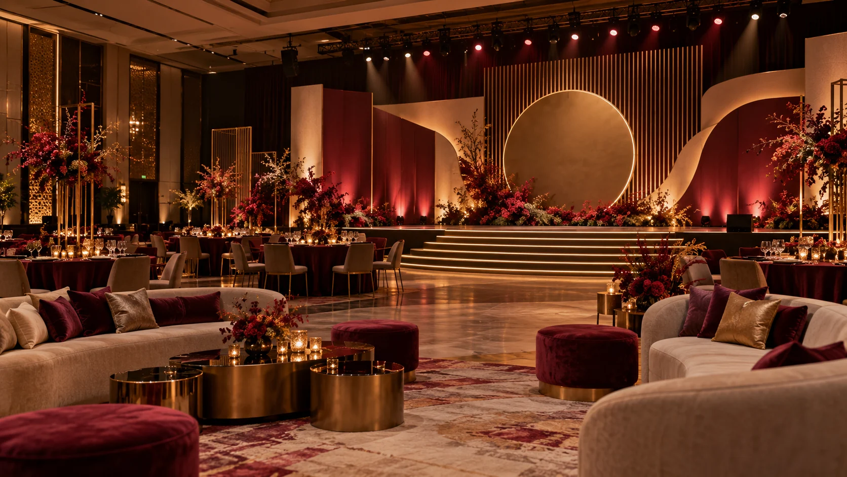 Conceptual corporate event stage in burgundy and antique gold