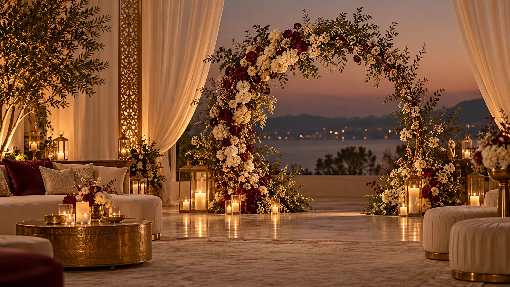 Conceptual burgundy and gold celebration setting with warm candlelight