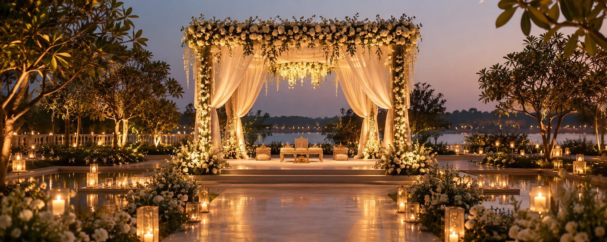 Illustrative garden wedding setting with flowers and warm lights
